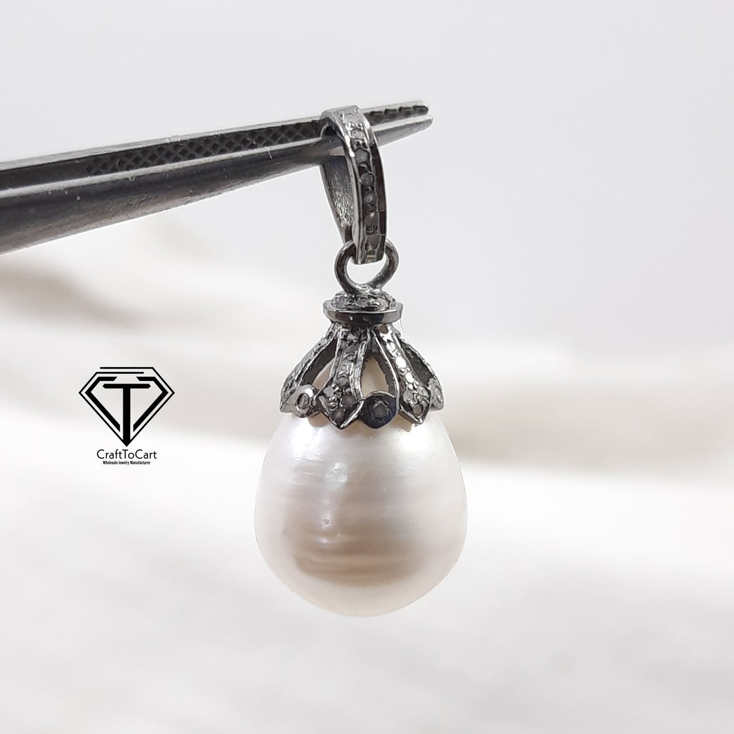 Pave Diamond Pearl Pendant, Pave Findings, Sterling Silver Pendant, Natural Round Pendant