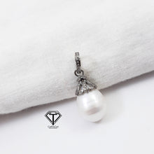 Load image into Gallery viewer, Pave Diamond Pearl Pendant, Pave Findings, Sterling Silver Pendant, Natural Round Pendant
