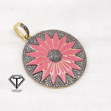 Load image into Gallery viewer, Pave Diamond Star Round Enamel Pendant, Pave Diamond Round Pendant, 925 Sterling Silver, Diamond Jewelry
