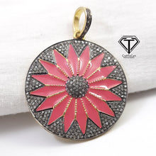 Load image into Gallery viewer, Pave Diamond Star Round Enamel Pendant, Pave Diamond Round Pendant, 925 Sterling Silver, Diamond Jewelry
