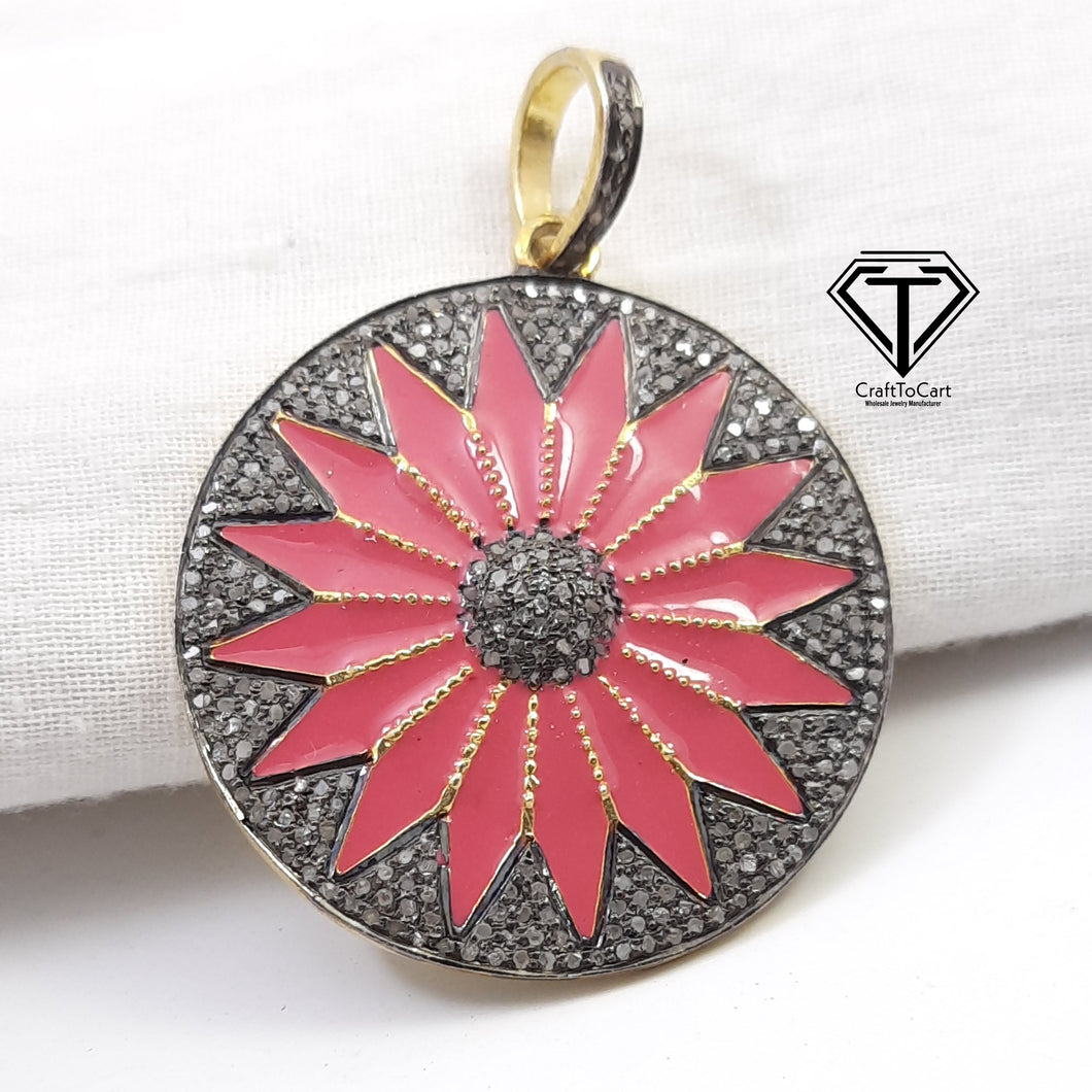 Pave Diamond Star Round Enamel Pendant, Pave Diamond Round Pendant, 925 Sterling Silver, Diamond Jewelry