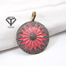 Load image into Gallery viewer, Pave Diamond Star Round Enamel Pendant, Pave Diamond Round Pendant, 925 Sterling Silver, Diamond Jewelry
