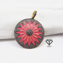 Load image into Gallery viewer, Pave Diamond Star Round Enamel Pendant, Pave Diamond Round Pendant, 925 Sterling Silver, Diamond Jewelry
