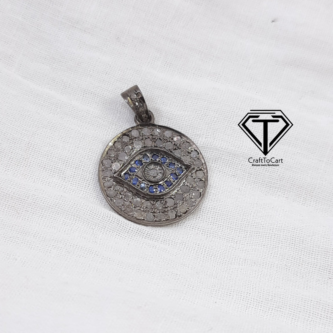 Pave Diamond Round Eye Pendant, Pave Eye Pendant, 925 Sterling Silver, Diamond Jewelry