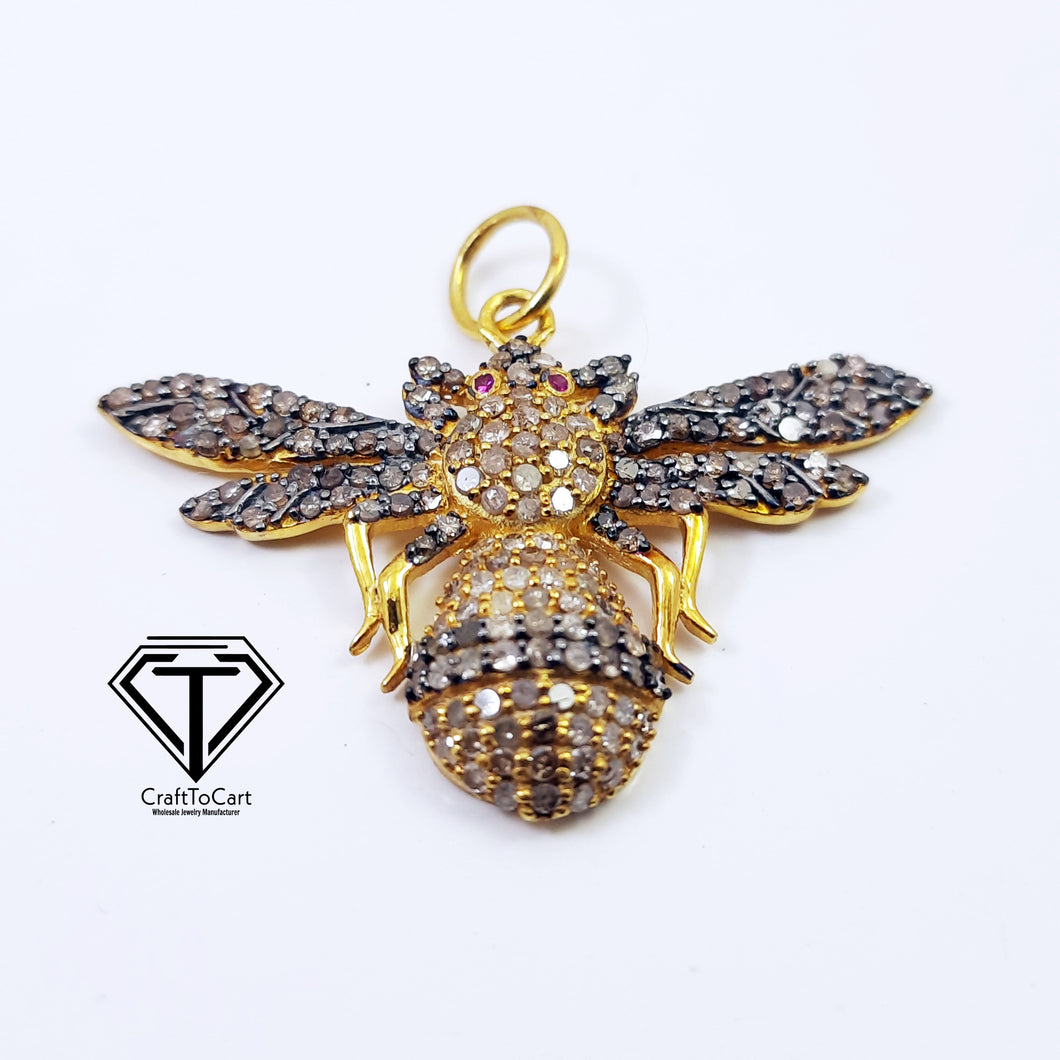 Pave Diamond Two Tone Jumping fly Pendant, Wasp Pendant, Insect Pendant, Pave Diamond Jewelry