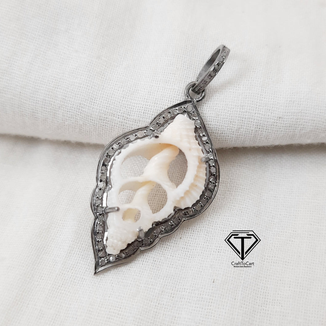 Pave Diamond Sea Shell Pendant, Handmade Jewelry