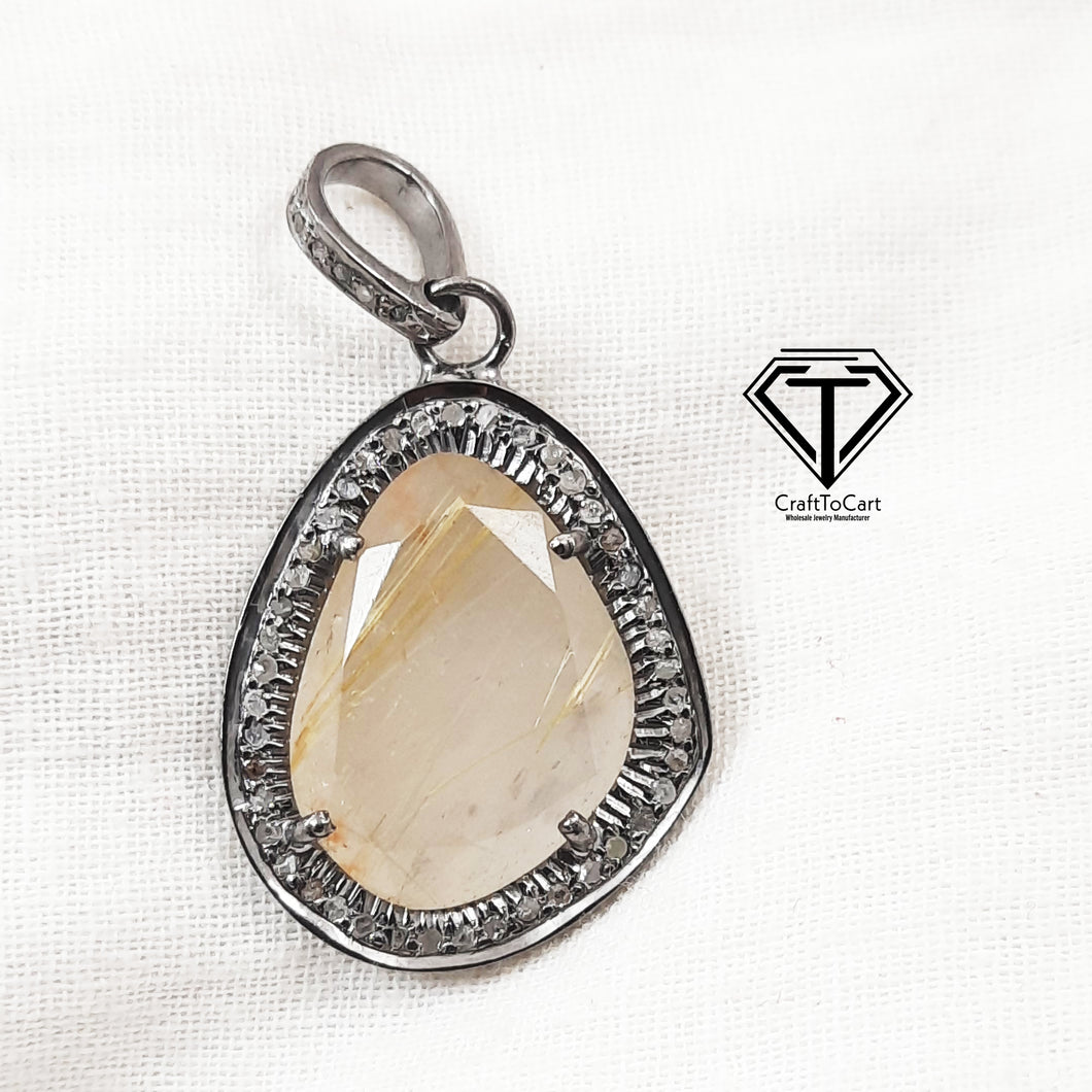 Pave Diamond Rutile Pendant, 925 Sterling Silver, Pave Diamond Jewelry, Handmade Jewelry