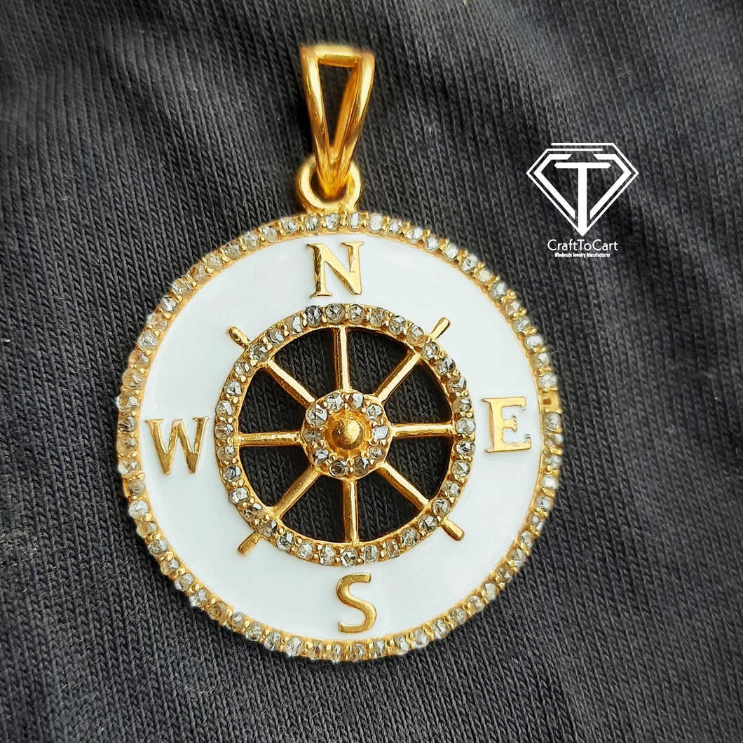 Pave Diamond Enamel Compass Pendant, 925 Sterling Silver, Pave Diamond Jewelry, Handmade Jewelry