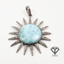 Load image into Gallery viewer, Pave Diamond Larimar Sun Spike Pendant, 925 Sterling Silver, Pave Diamond Jewelry, Handmade Jewelry
