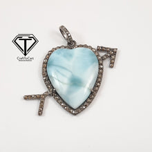 Load image into Gallery viewer, Pave Diamond Larimar Heart Pendant, 925 Sterling Silver, Pave Diamond Jewelry, Handmade Jewelry
