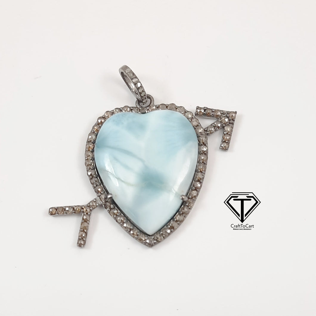 Pave Diamond Larimar Heart Pendant, 925 Sterling Silver, Pave Diamond Jewelry, Handmade Jewelry