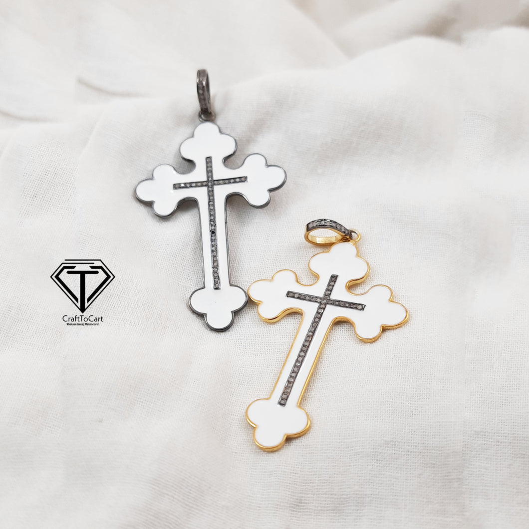 Cross Enamel Pendant, Pave Diamond Enamel Pendant, 925 Sterling Silver, Pave Diamond Jewelry, Handmade Jewelry