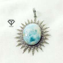 Load image into Gallery viewer, Pave Diamond Larimar Sunburst Pendant, 925 Sterling Silver, Pave Diamond Jewelry, Handmade Jewelry
