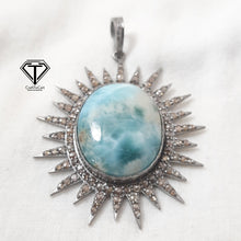 Load image into Gallery viewer, Pave Diamond Larimar Sunburst Pendant, 925 Sterling Silver, Pave Diamond Jewelry, Handmade Jewelry
