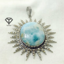 Load image into Gallery viewer, Pave Diamond Larimar Sunburst Pendant, 925 Sterling Silver, Pave Diamond Jewelry, Handmade Jewelry
