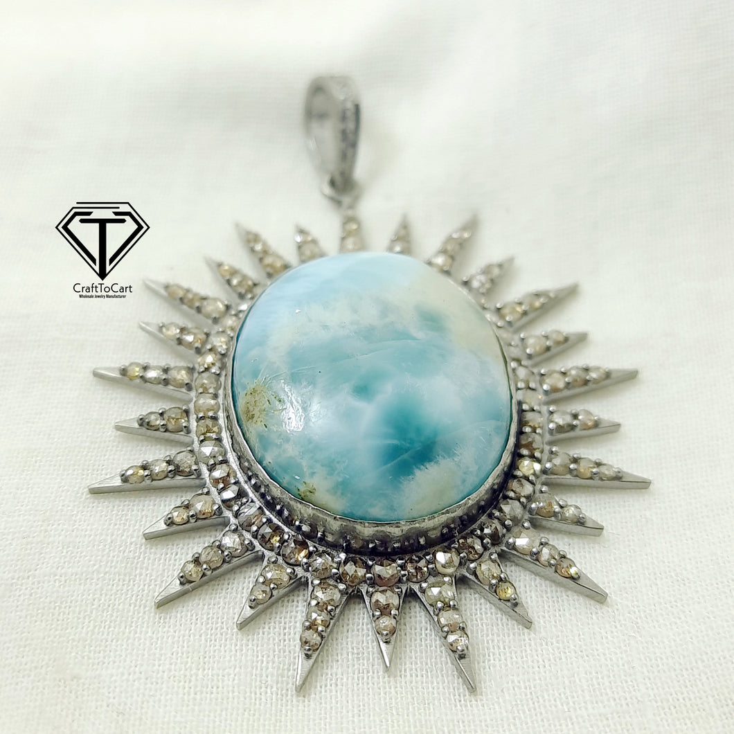 Pave Diamond Larimar Sunburst Pendant, 925 Sterling Silver, Pave Diamond Jewelry, Handmade Jewelry