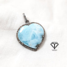 Load image into Gallery viewer, Pave Diamond Larimar Heart Pendant, 925 Sterling Silver, Pave Diamond Jewelry, Handmade Jewelry
