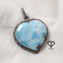 Load image into Gallery viewer, Pave Diamond Larimar Heart Pendant, 925 Sterling Silver, Pave Diamond Jewelry, Handmade Jewelry
