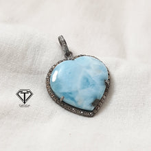 Load image into Gallery viewer, Pave Diamond Larimar Heart Pendant, 925 Sterling Silver, Pave Diamond Jewelry, Handmade Jewelry
