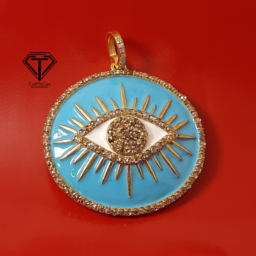 Pave Diamond Enamel Eye Pendant, 925 Sterling Silver Round Enamel Eye Charm Pendant, Jewelry Findings, Handmade Jewelry