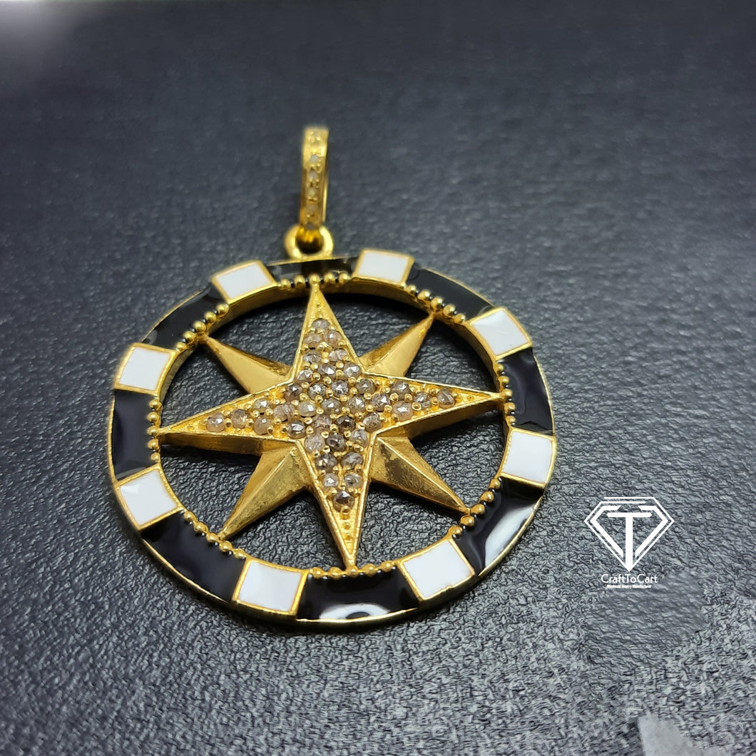 Pave Diamond Enamel Compass Pendant, 925 Sterling Silver, Pave Diamond Jewelry, Handmade Jewelry