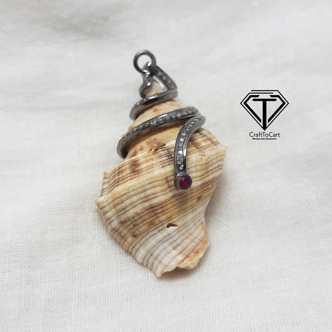 Pave Diamond Sea Shell Pendant, Handmade Jewelry