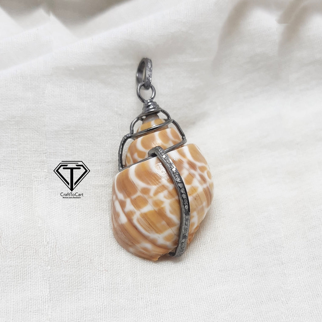 Pave Diamond Sea Shell Pendant, Handmade Jewelry