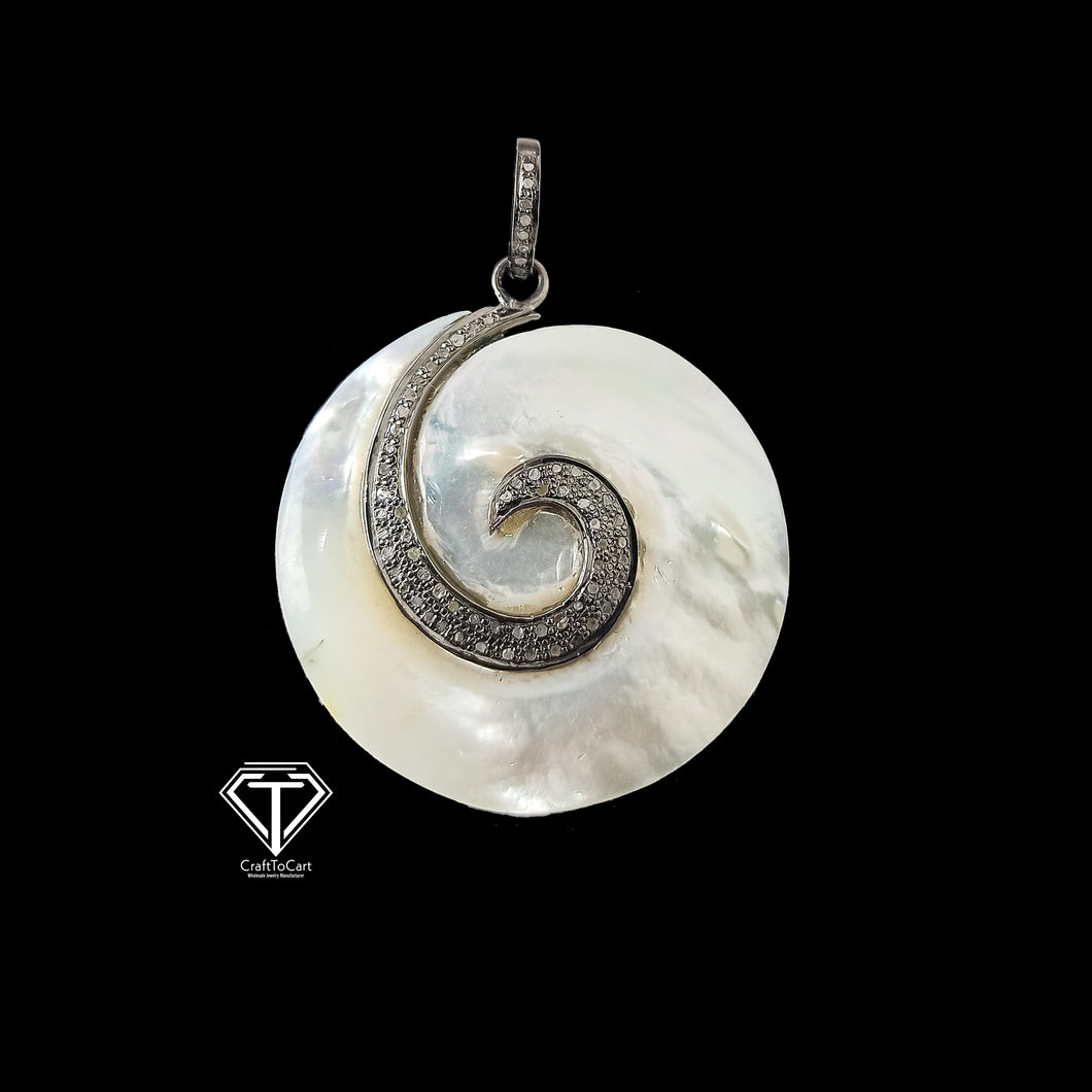 Pave Diamond Flower Sea Shell Pendant, 925 Sterling Silver, Pave Diamond Jewelry, Handmade Jewelry