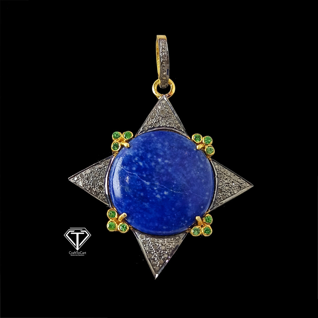 Pave Natural Lapis Pendant, Pave Diamond Pendant, Pave Diamond Jewelry