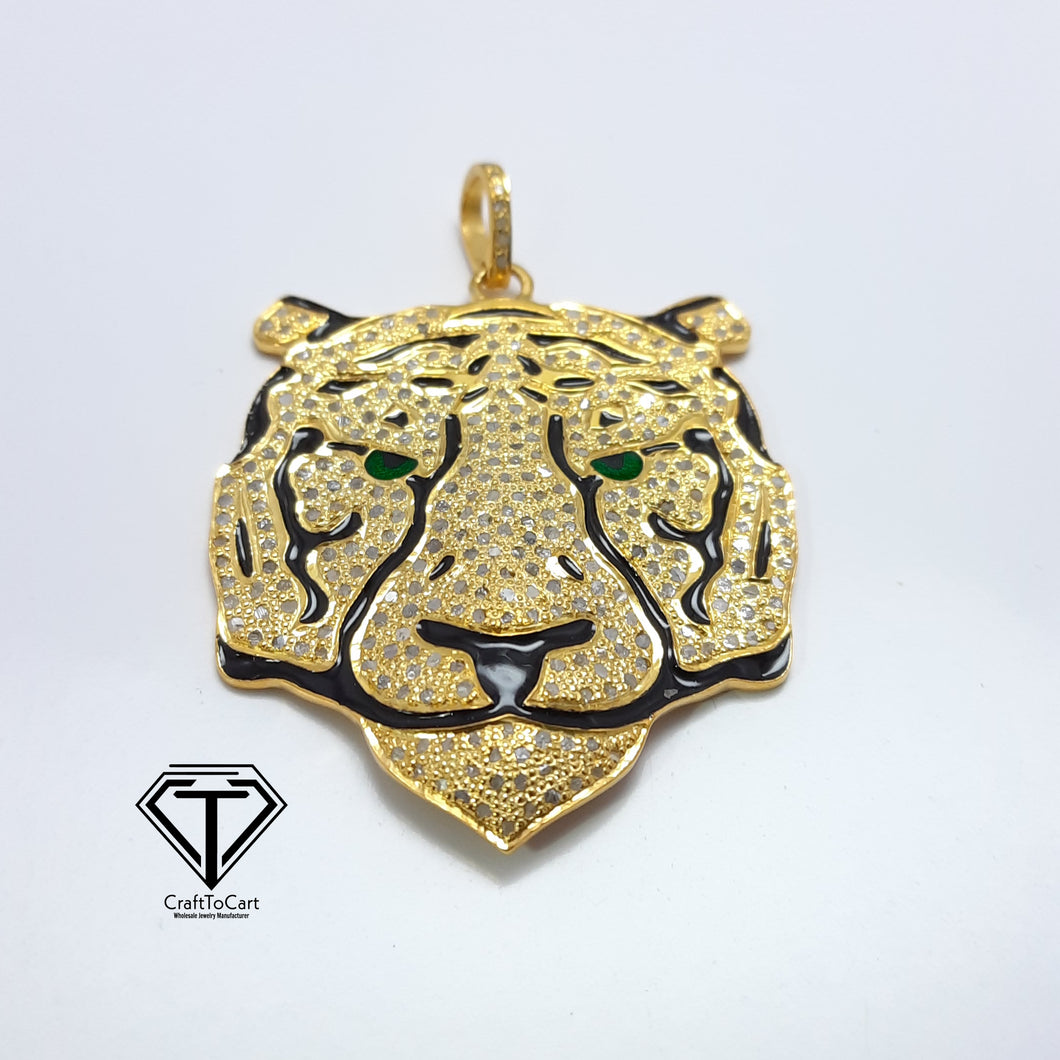 Pave Diamond Tiger Face Pendant, 925 Sterling Silver, Diamond Findings, Pave Diamond Jewelry