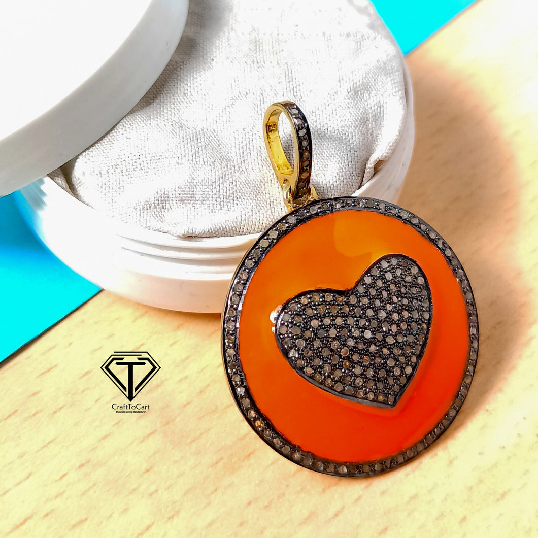 Heart Enamel Pendant ,Pave Diamond Round Pendant, Heart Enamel Diamond Pendant, Heart Enamel Pendant Necklace, Pave Diamond Jewelry