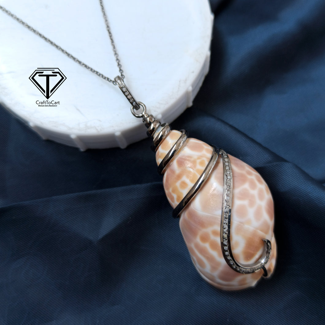 Pave Unique Sea Shell Pendant, 925 Sterling Silver, Pave Diamond Jewelry, Handmade Jewelry