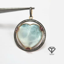 Load image into Gallery viewer, Pave Diamond Larimar Heart Pendant, 925 Sterling Silver, Pave Diamond Jewelry, Handmade Jewelry
