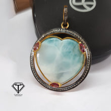 Load image into Gallery viewer, Pave Diamond Larimar Heart Pendant, 925 Sterling Silver, Pave Diamond Jewelry, Handmade Jewelry
