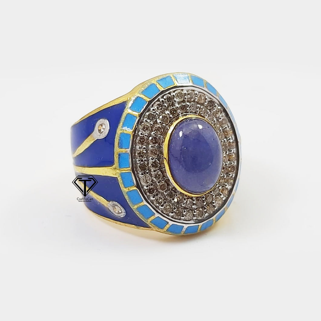 Pave Diamond Enamel Ring, Beautiful CraftToCart Enamel Ring With Tanzanite