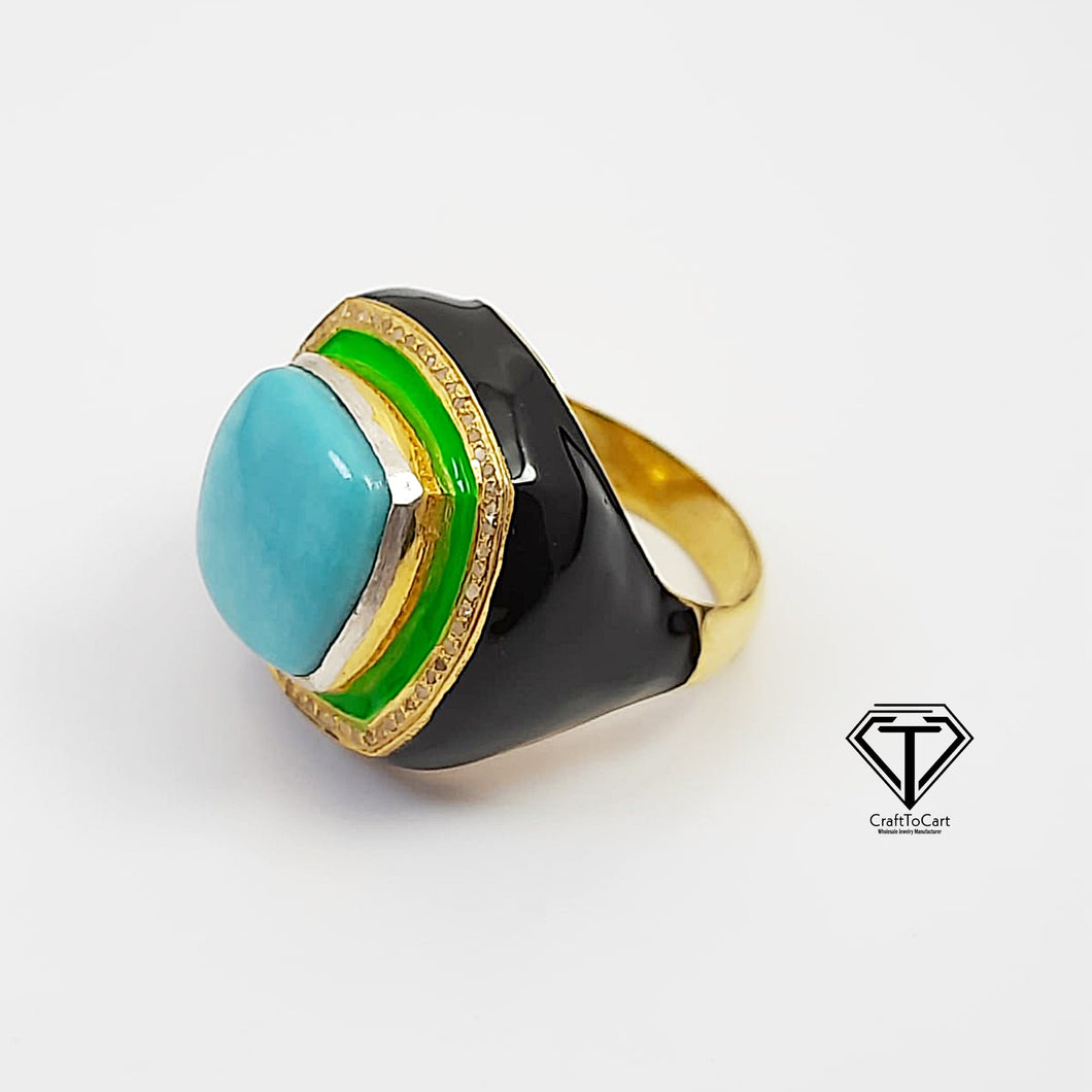 Pave Diamond Enamel Ring, Beautiful Minimalist Enamel Ring With Turquoise