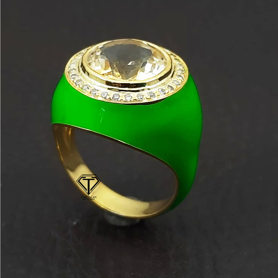 Pave Diamond Enamel Ring, Beautiful Minimalist Enamel Ring With Citrine