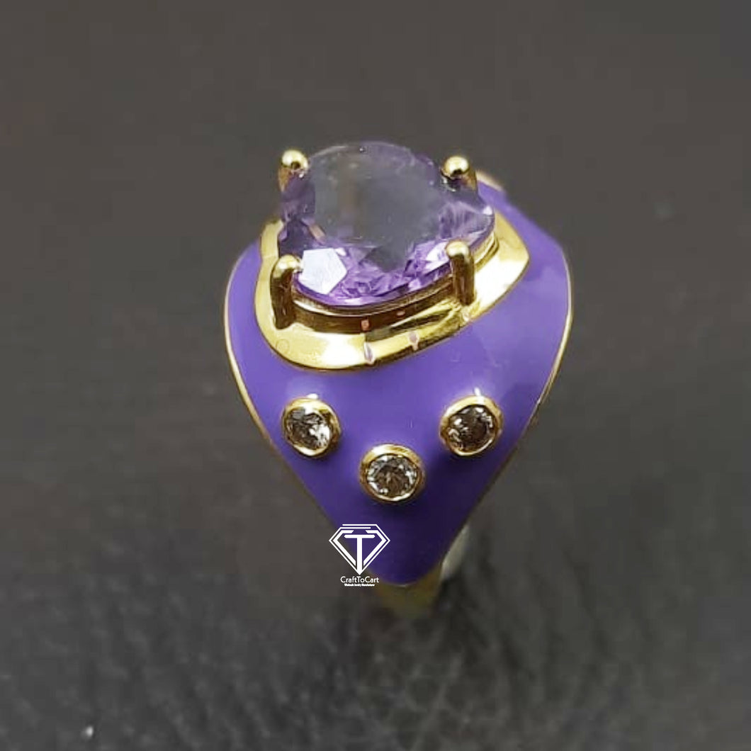 Pave Diamond Enamel Ring, Beautiful CraftToCart Enamel Ring With Amethyst